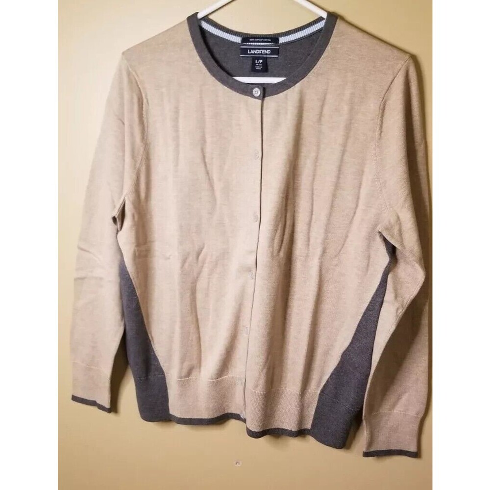 Lands' End Women's Cardigan Sweater Large Petite 14/16 Tan/Gray